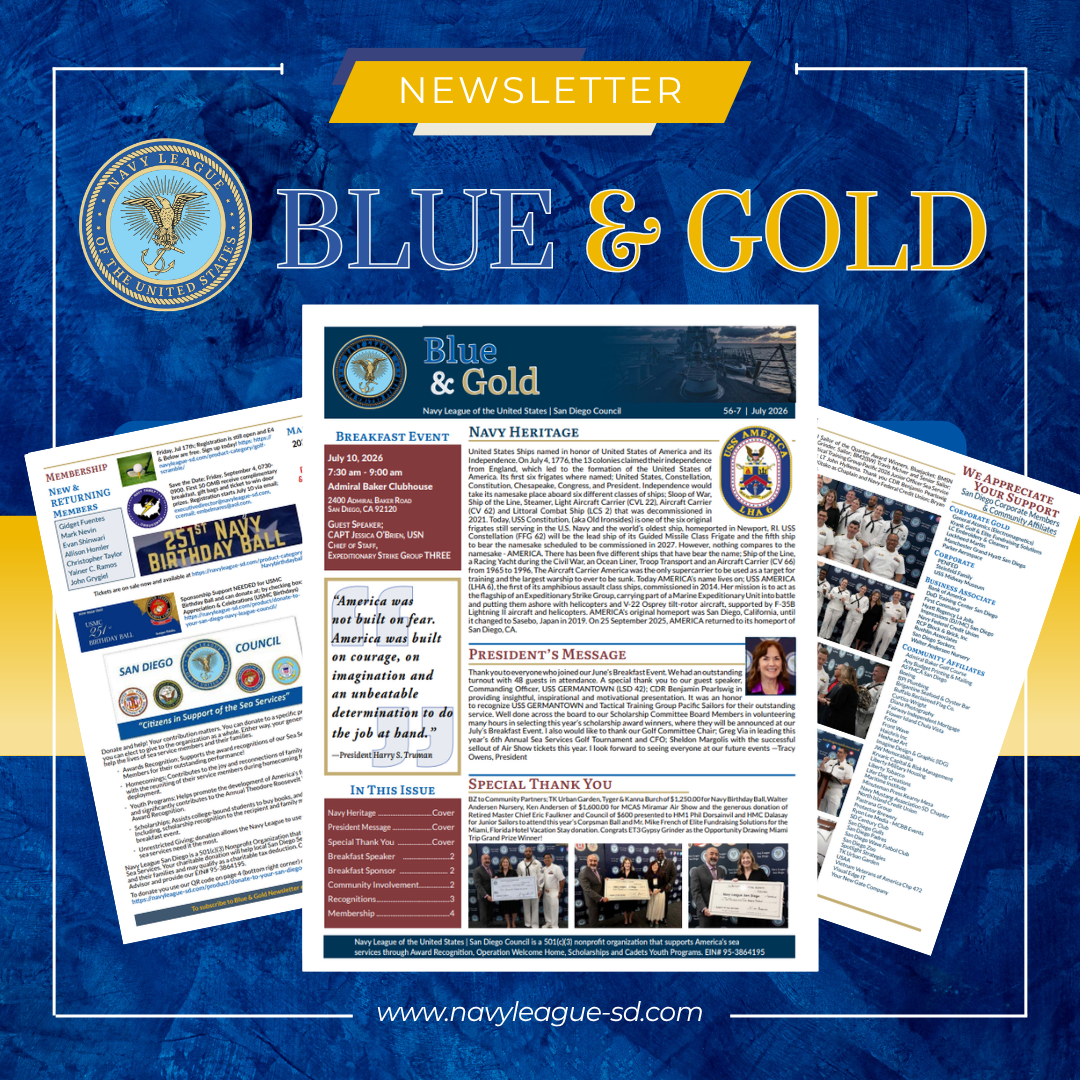 Social Media Post of the Navy League of San Diego's Monthly Newsletter, July 2026 Edition